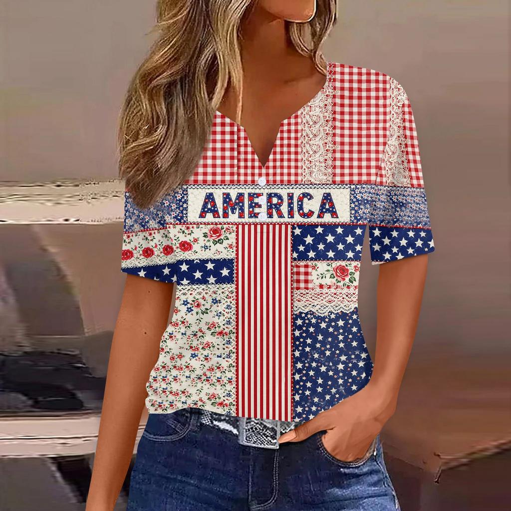 Women's Fashion Casual Independence Day Print V-Neck Short Sleeve Button-Up T-Shirt Top