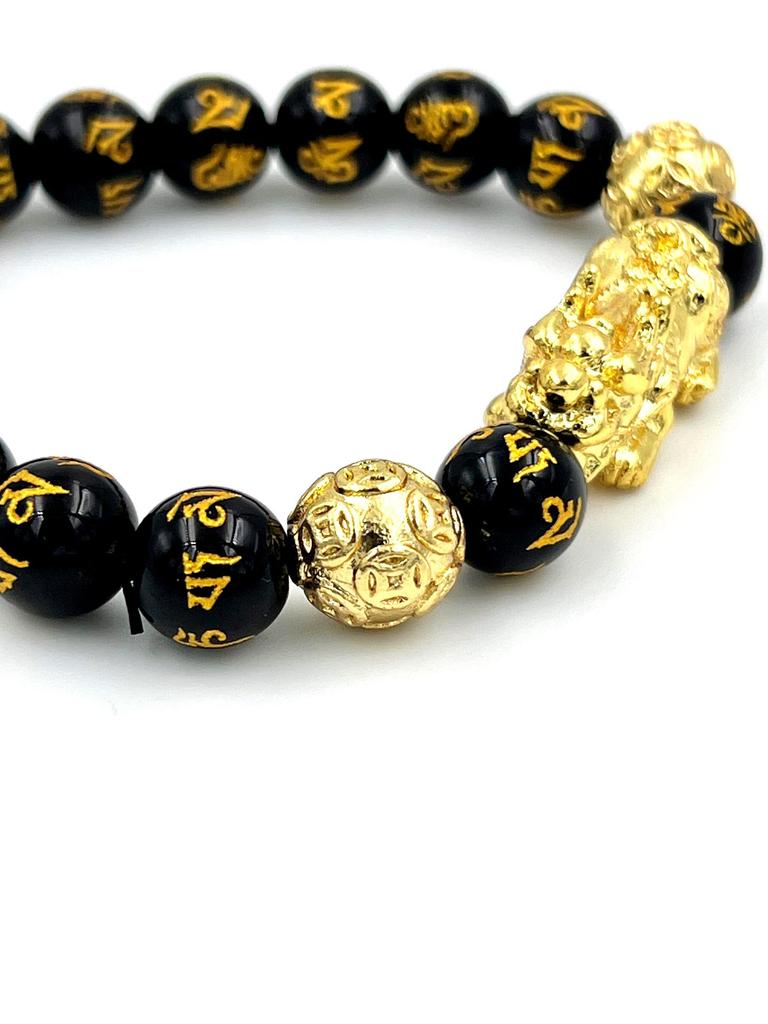 Black Beaded Bracelet with Gold Dragon Charm  Wealth & Protection Feng Shui Jewelry| Spiritual Protection Bracelet| Powerful Feng Shui Gift for Men