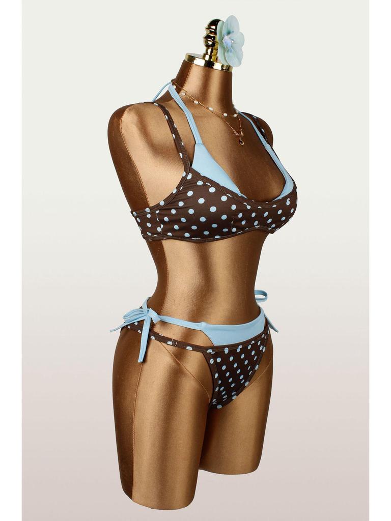 Slim Polka Dot Color Block Open-Back Bandage Bikini