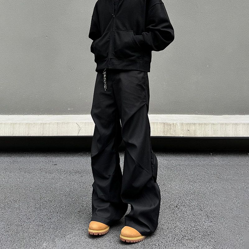 Blaexit American Retro Niche Pleated High-End Men's Black Loose Straight-Leg Wide-Leg Casual Pants