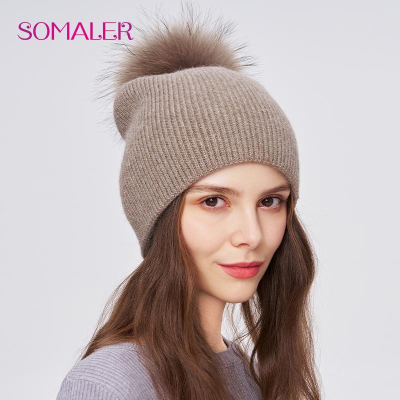 SOMALER Women Winter Fur Pom Pom Hat Wool Knit Beanie Hat With Rhinestone Warm Double Layer Luxury Fur Bobble Outdoor Cap