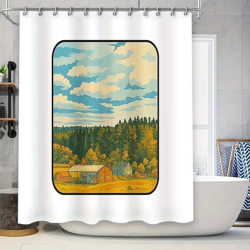 

Vintage Landscape Shower Curtain Rustic Cabin Forest Mountain Nature Backdrop Bathroom Decor Artistic Scenic Wall Hanging Home D W60H190(CM)-1 Pcs