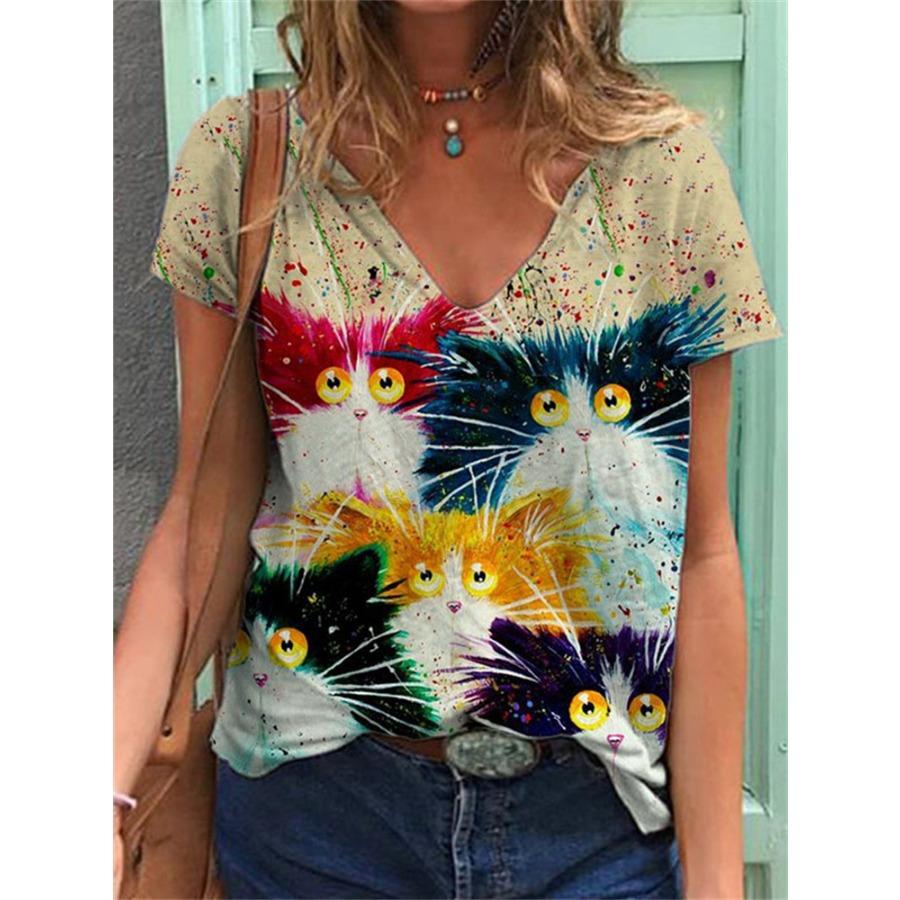 Cat 3D Printed Short Sleeved T-shirt Summer Breathable Polyester Simple V Neck Top