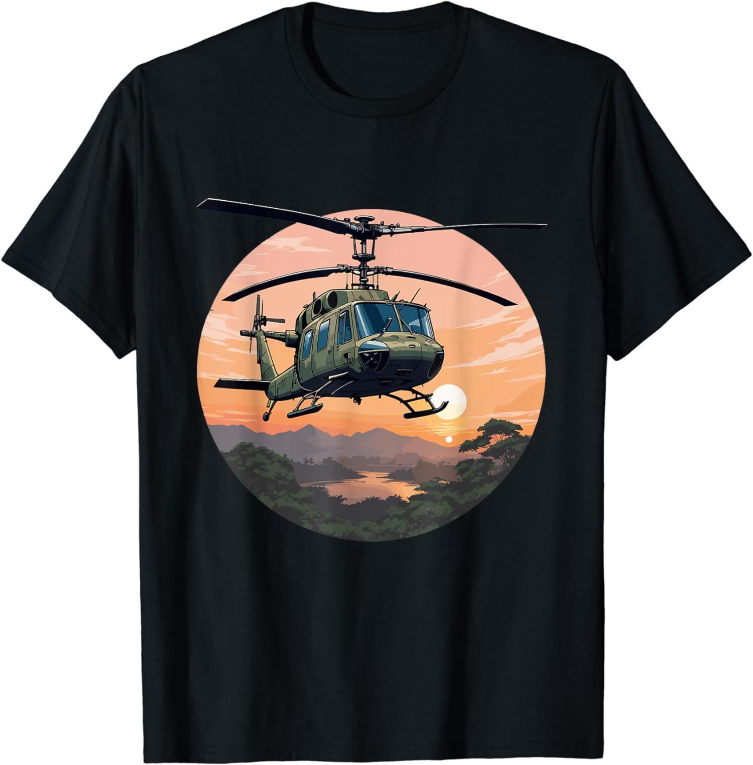 NEW LIMITED UH-1 Huey Helicopter Shirt Sunset Vietnam Design Gift T-Shirt M