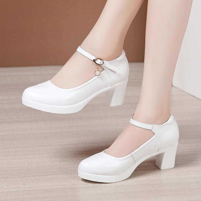 Fashion Size 32-43 Genuine Leather Thick Bottom Platform Pumps Women Wedding Shoes White 2024 Block High Heels Shoes for Office Model