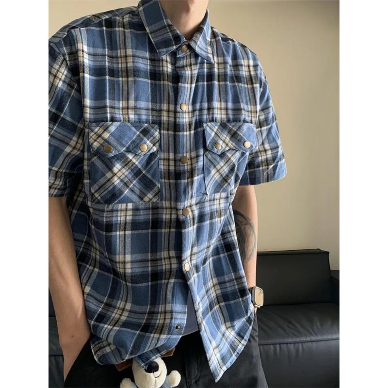 Men's Retro Plaid Short Sleeve Shirt Casual Loose Fit Double Pocket Button Up Top