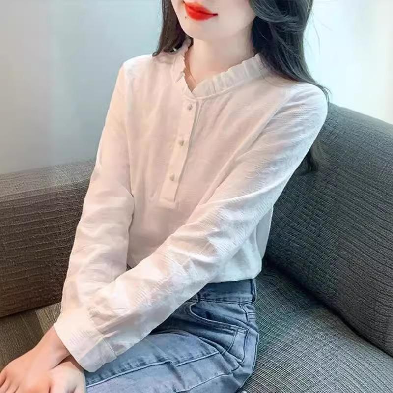 

Bottoming Shirt Long-sleeved Spring and Autumn New Temperament Shirt Top Lotus Leaf Collar Jacquard Cotton and Linen Women s Commuting M белый