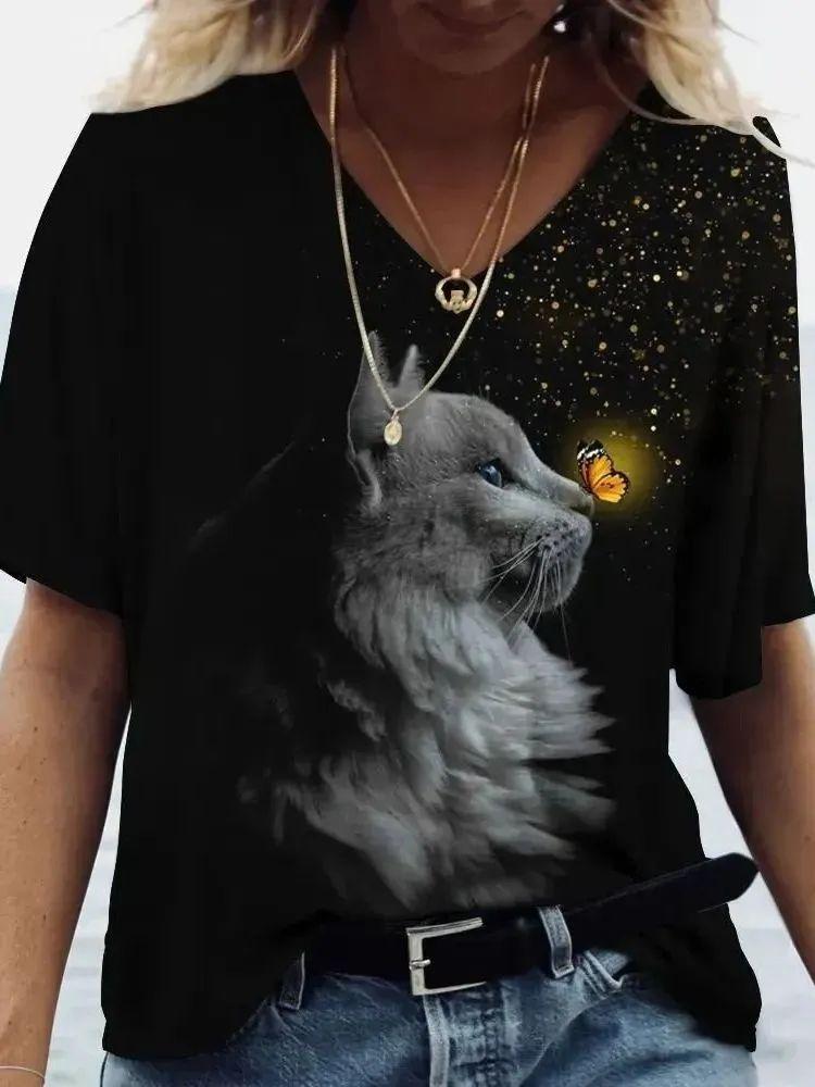 Neue Süße Katze Tier 3D Druck T-Shirts Mode Damen V-Ausschnitt Kurzarm T-Shirt Y2k Harajuku T-Shirts Lässige Oberteile Damenbekleidung
