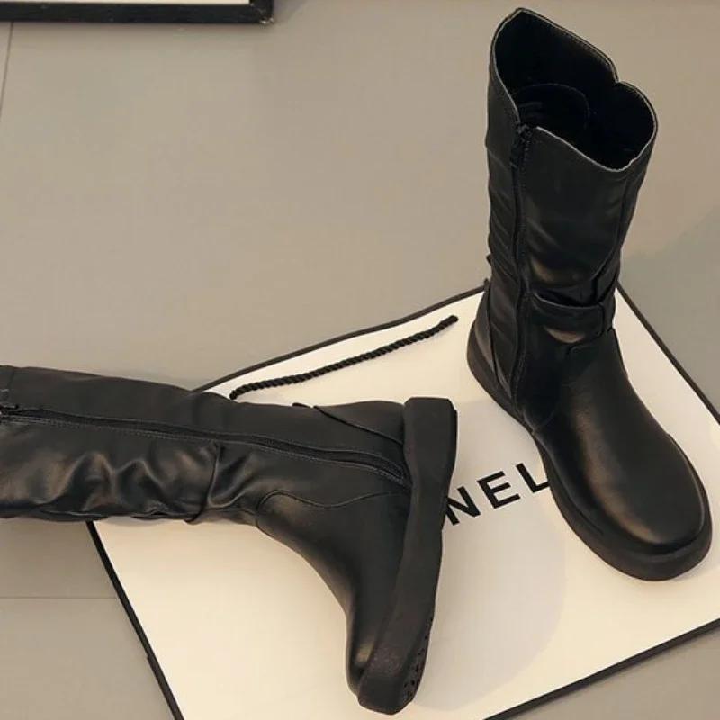 Fashion Women's Ankle Boots Side Zipper Mid Calf Thick Sole Boots Soft PU Leather Boots Fashion Womens Shoes Versatile Zapatos De Mujer