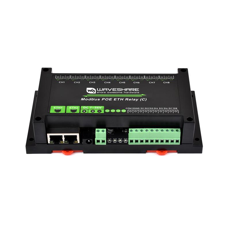 Industrial Dual Ethernet 8-Channel Relay Module with Type-C PoE and Network Port Cascading.
