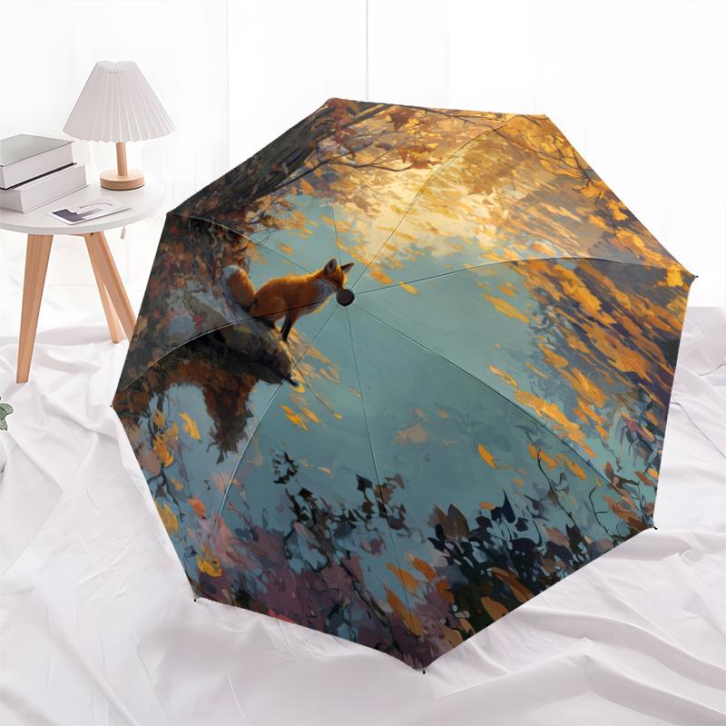 Animals and Sunset Pattern, Automatic Folding Umbrella, Portable and Foldable Design, 8 Ribs, a Christmas or Birthday Gift.