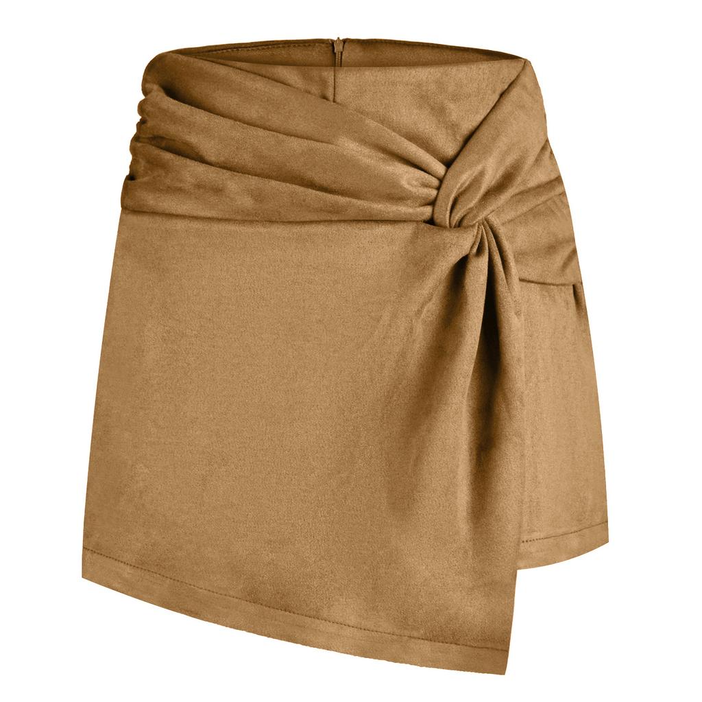 Suede Solid Color Buttocks Wrapped Skirt Pleated Irregular Zippered Short Skirt for Women's Clothing