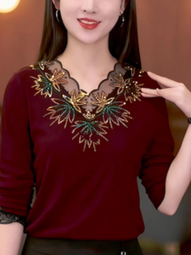 Elegant V-Neck Embroidered Lace Top with Rhinestones - Age-Reducing, Tummy Concealing, and Warm for Autumn & Winter.