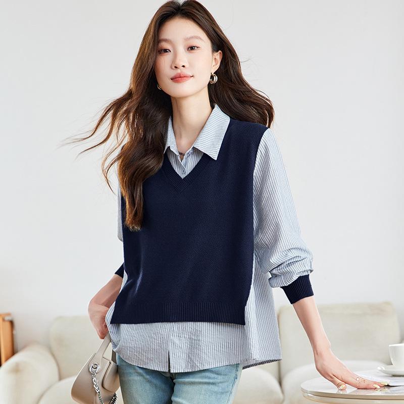 

Women s Patchwork Fake Two-Piece Knit Sweater 2025 - Spring/Autumn Color Block Striped Top L темно-синий