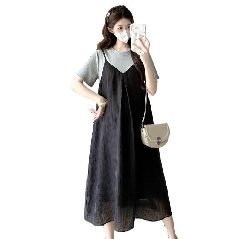 Korean Style Maternity Patchwork T-shirt Dress - Summer 2026, Spicy Mom Belly Covering, Slimming Plus Size, Trendy Two-Piece Look