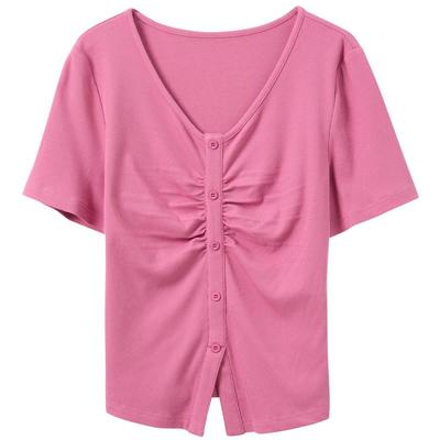Sancai Damen V-Ausschnitt Schlankmachendes Kurzarm-T-Shirt