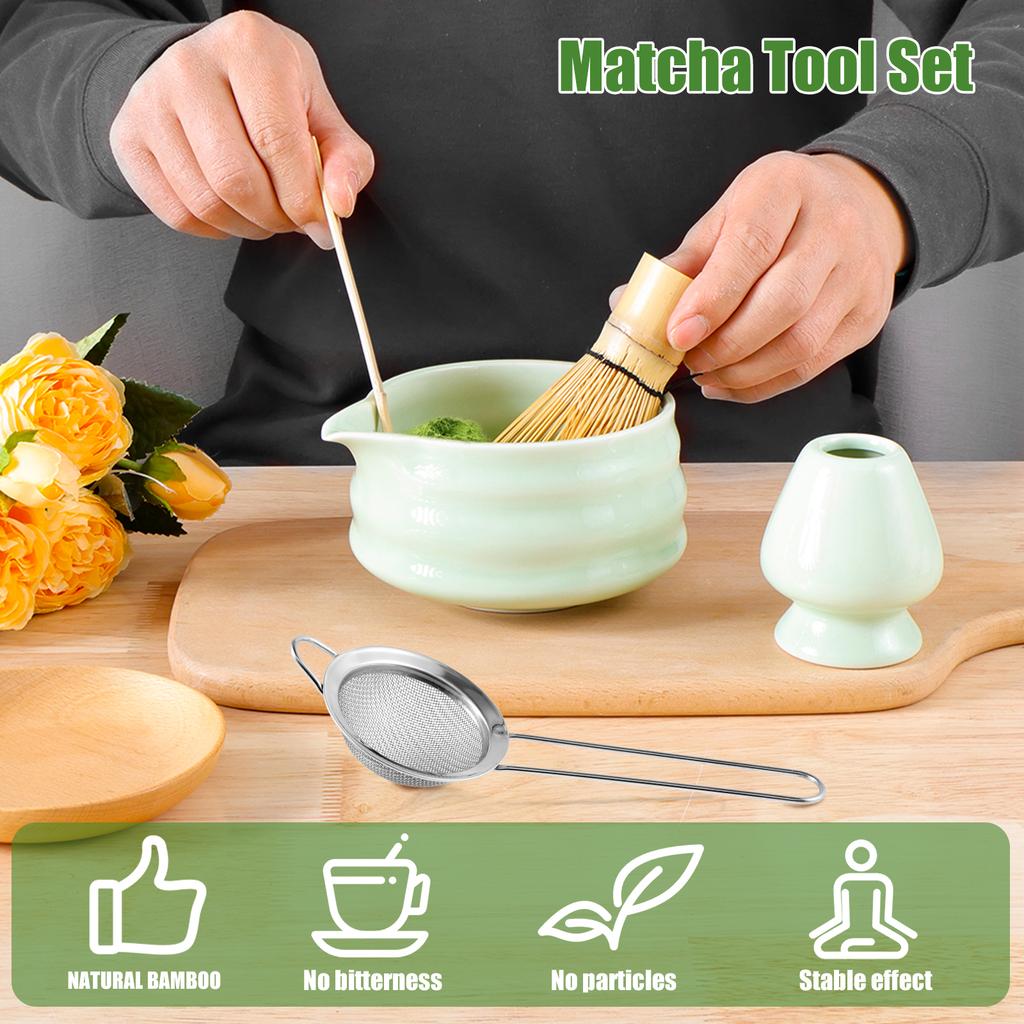 5Pcs Matcha Set Tradition Japanese Matcha Tea Set Whisk Set Ceramic Whisk Holder and Bowl Kit for Cafe Making Matcha Latte Drink