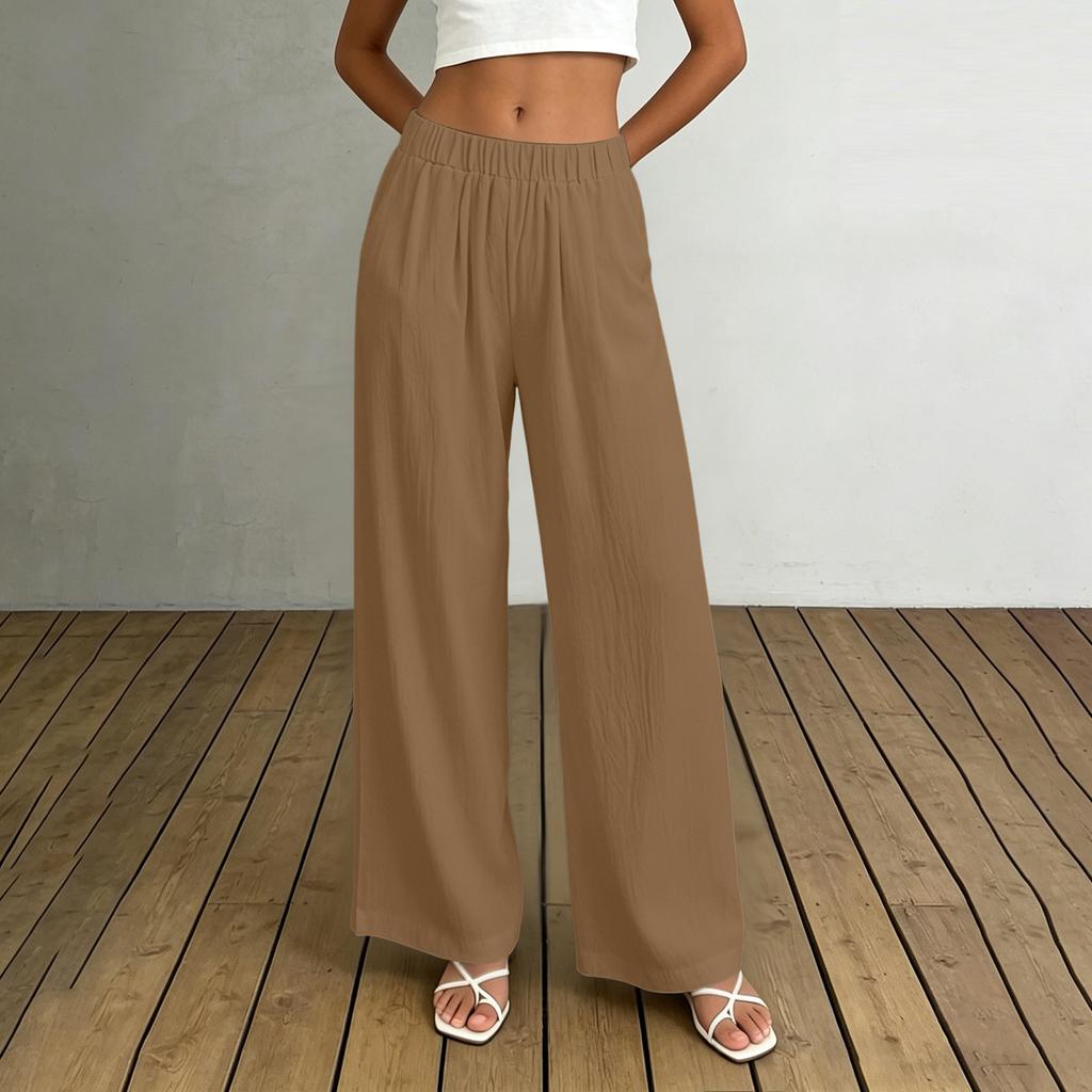 Damen High Waist Wide Leg Hose mit elastischem Bund Lockerer Schnitt Leichter fließender Stoff mit Taschen für Freizeitkleidung
