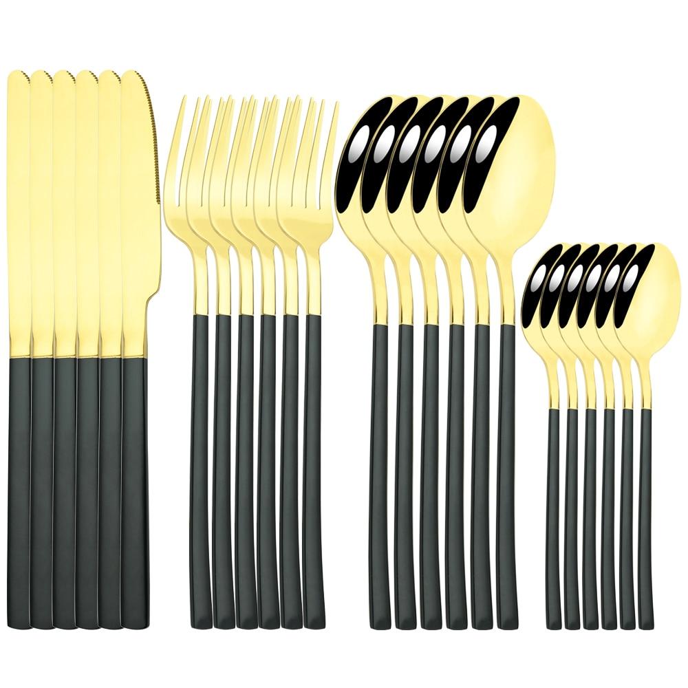 24 Pcs Black Tableware Stainless Steel Cutlery Set Forks Knives Spoons Kitchen Dinner Set Fork Spoon Knife Gold Dinnerware Set