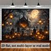 2D planar Halloween-themed background fabric, featuring Gothic spired castle, full moon, dark clouds, bats, and tombstones