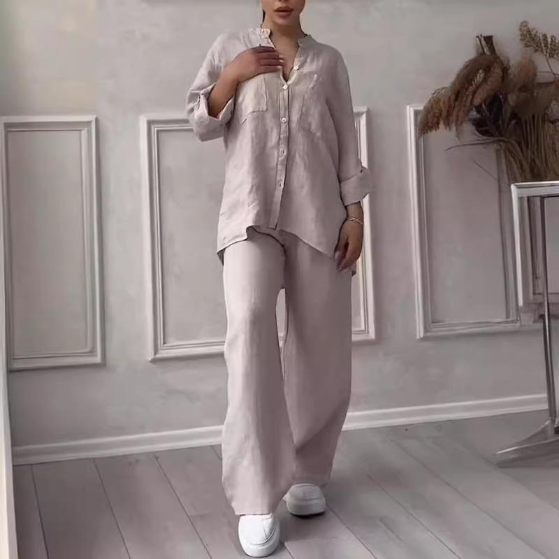 Casual Cotton and Linen Plain-color Shirt with Drawstring Wide-leg Pants Set