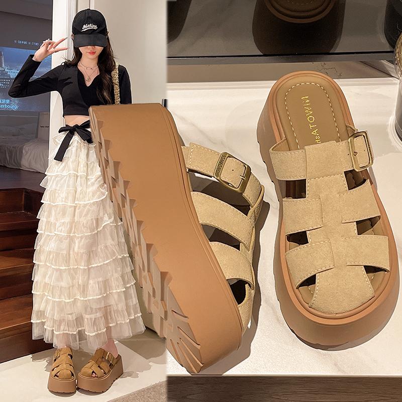 Fashion Increased Internal Fretwork Heels Shoes Ladies' Slippers Platform Cover Toe Slipers Women 2025 Slides House Slippers Platform