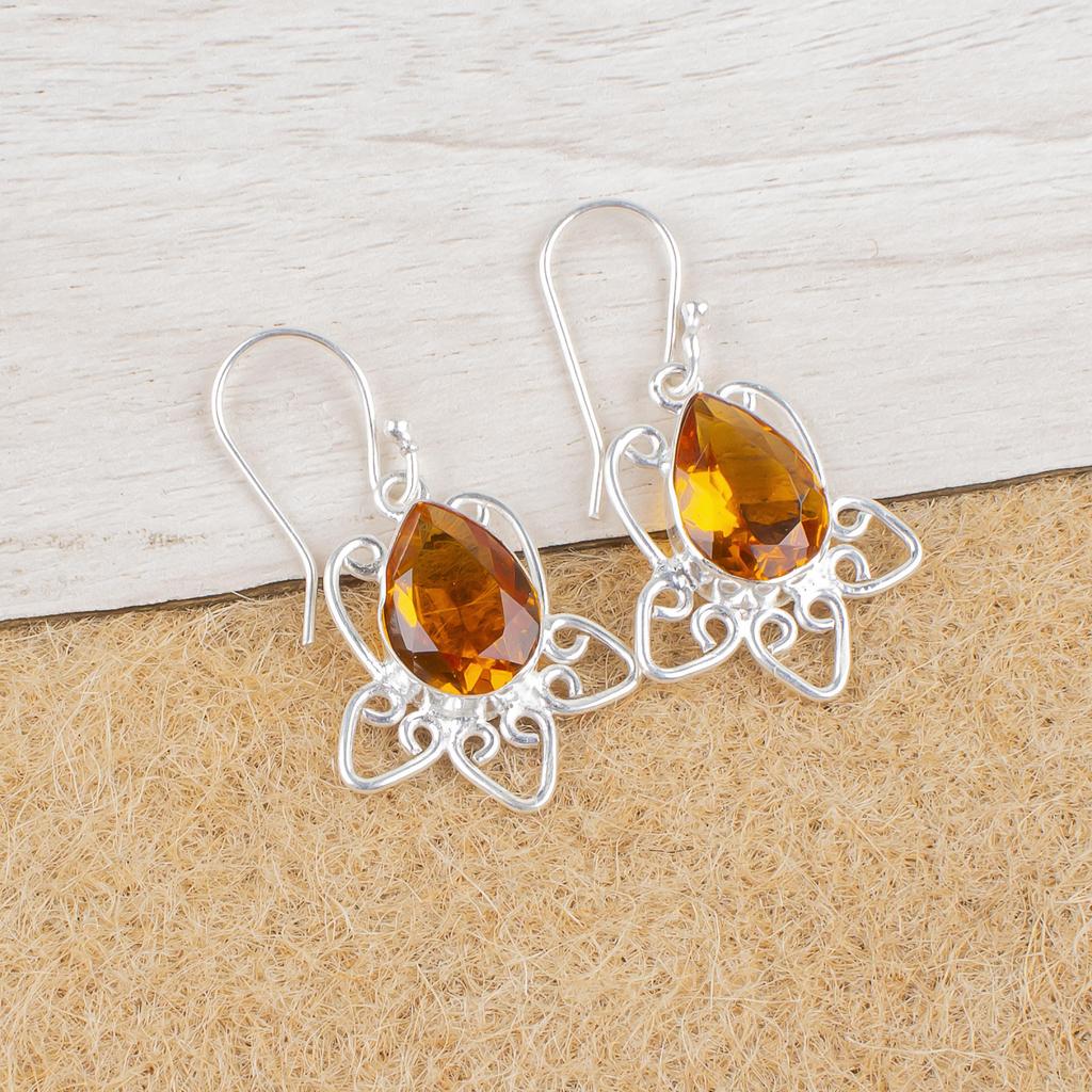 Citrine 925 Solid Sterling Silver Jewelry, Handmade Silver Earrings Jewelry, Citrine Balancing Earrings For Wedding Gift