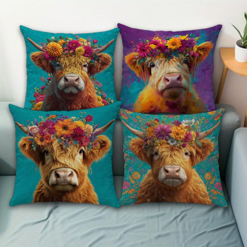 1/4pcs Boho Floral Highland Cow Throw Pillow Covers Farmhouse Animal Decorative Cushion Cases for Home Sofa room