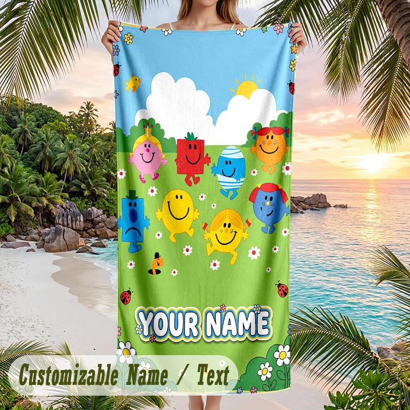 Mr. Men & Little Miss Beach Towel, Personalized Custom Text, Quick Dry Soft Large Towel For Swimming Pool Travel