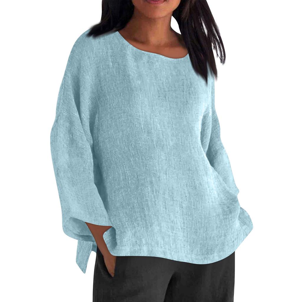 Long Sleeved Round Neck Solid Color Top Cotton and Linen Women’s Blouses & Shirts