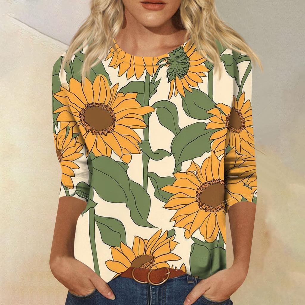 Top T-shirt casual alla moda da donna con scollo rotondo, manica a tre quarti e stampa