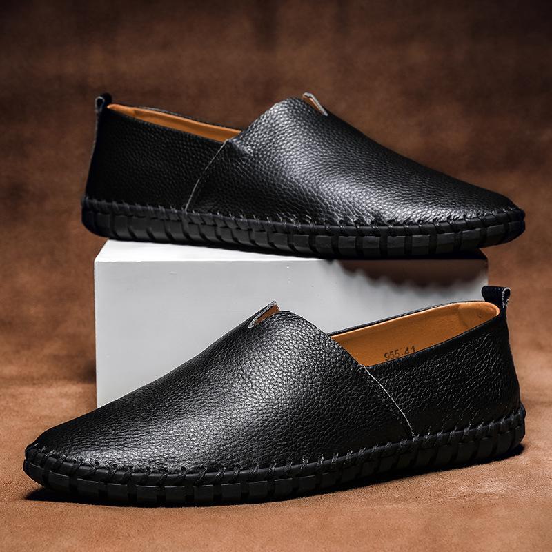 Men's Trendy European & American Slip-On Leather Casual Driving Shoes - Breathable Low-Top, Large Sizes Available