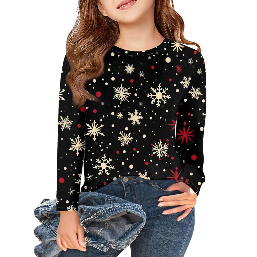 Christmas Day Girls Long Sleeve T Shirts Kids Fall Tops Crewneck Printed Basic Tees