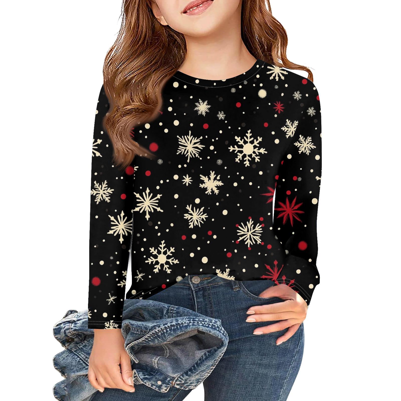 

Рождественские футболки с длинным рукавом для девочек, детские осенние топы с круглым вырезом и принтом, базовые футболки 120