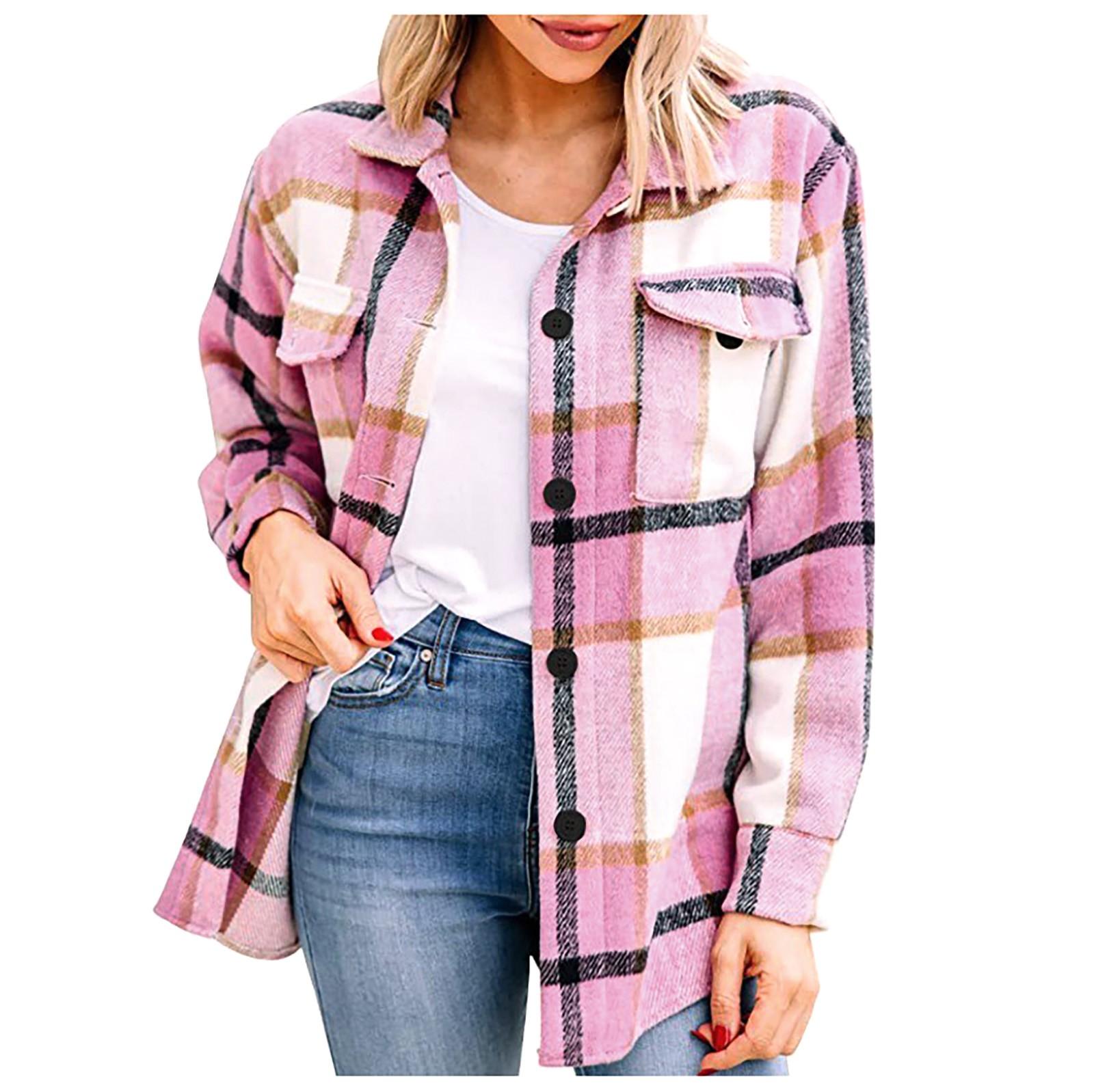 

Женское пальто с карманом и длинным рукавом, повседневная рубашка в клетку S розовый