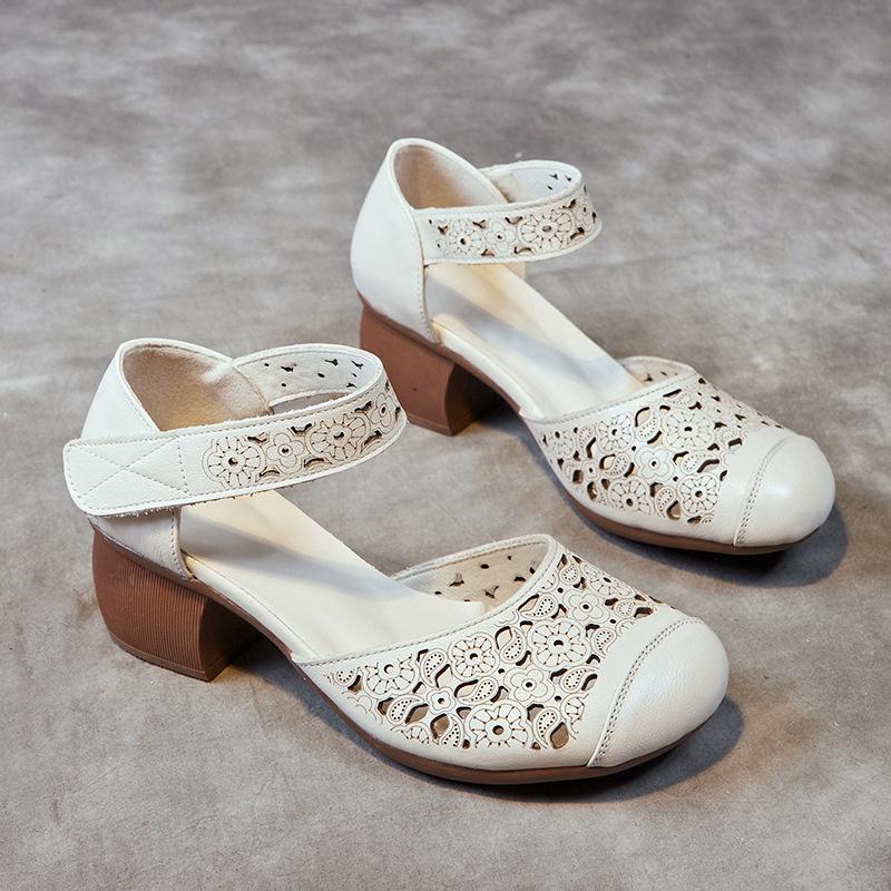 Sandals women's outer wear new summer hollow hole sandals first layer cowhide medium thick heel soft sole women's shoes