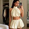 Women Y2k Vintage Short Skirts Sets Solid/Dots Sleeveless Backless Halter Neck Crop Tops with Bubble Skirts Vacation Outfits