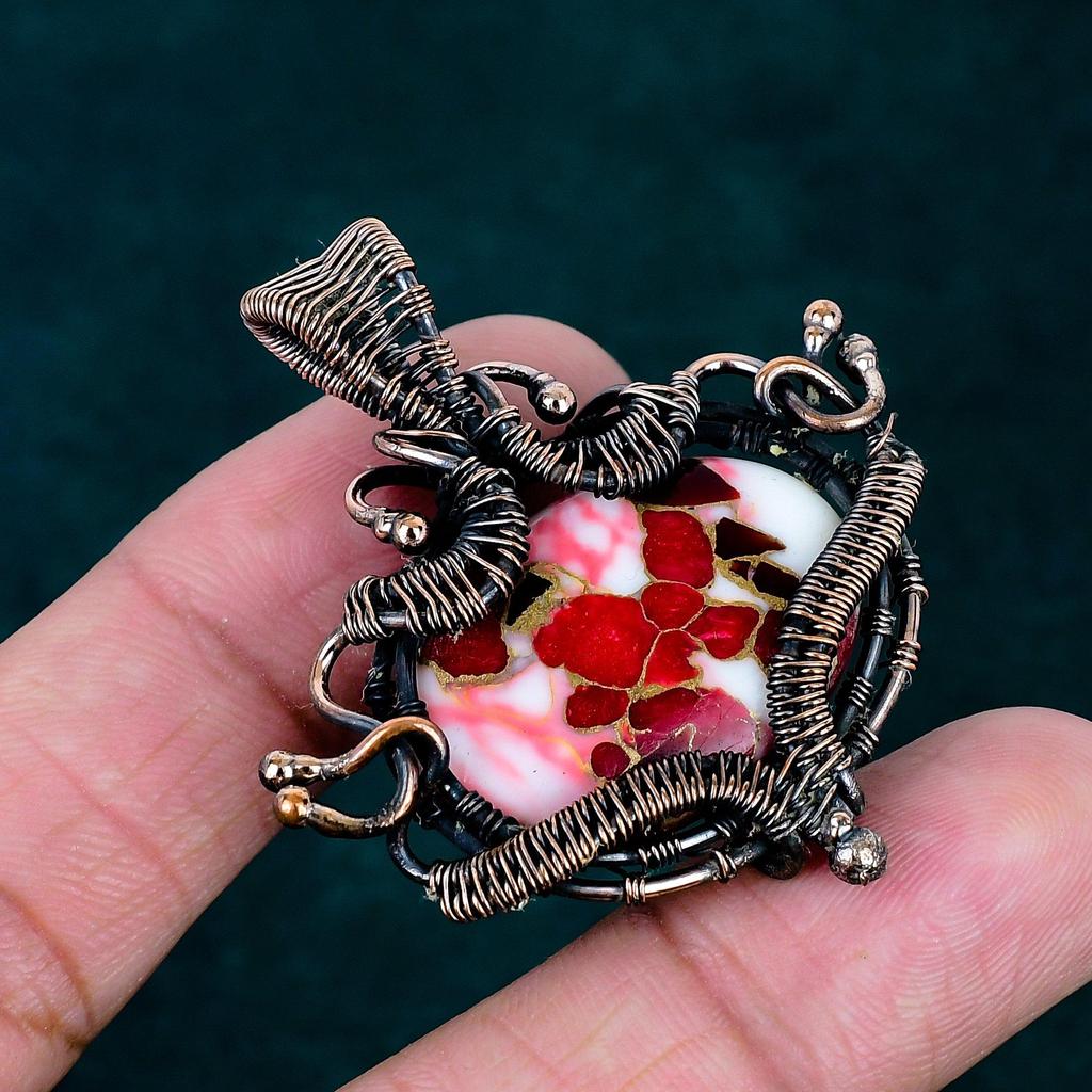 Kingman Red Mohave Copper Turquoise Pendant, Handmade Wire Wrapped Gemstone Jewelry
