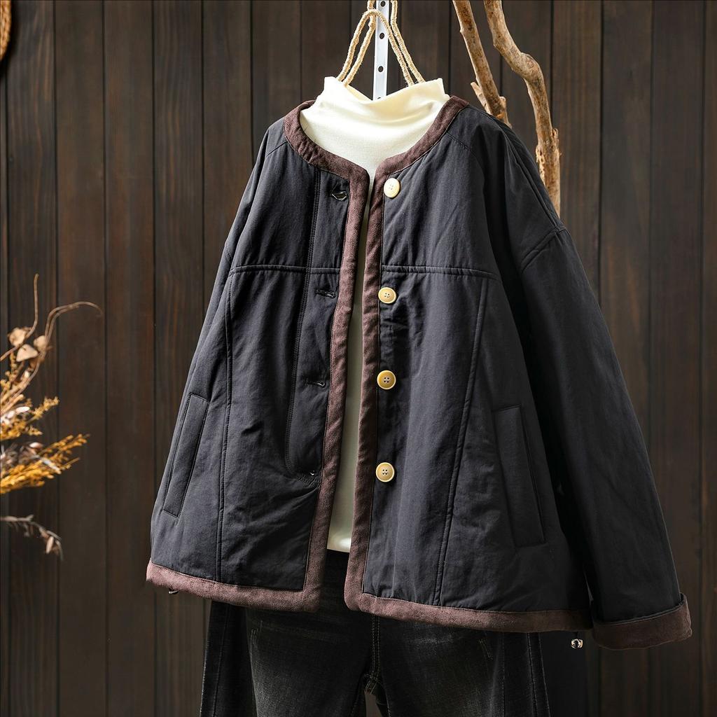 Johnature Women Vintage O-Neck Long Sleeve Solid Color Coats Autumn Button Pockets Casual Coats