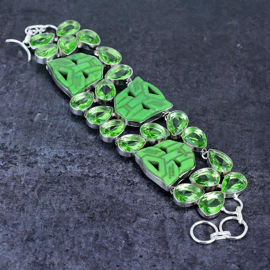 Cameo, Tsavorite Ethnic 925 Sterling Silver Bracelet 7-8" q9a59