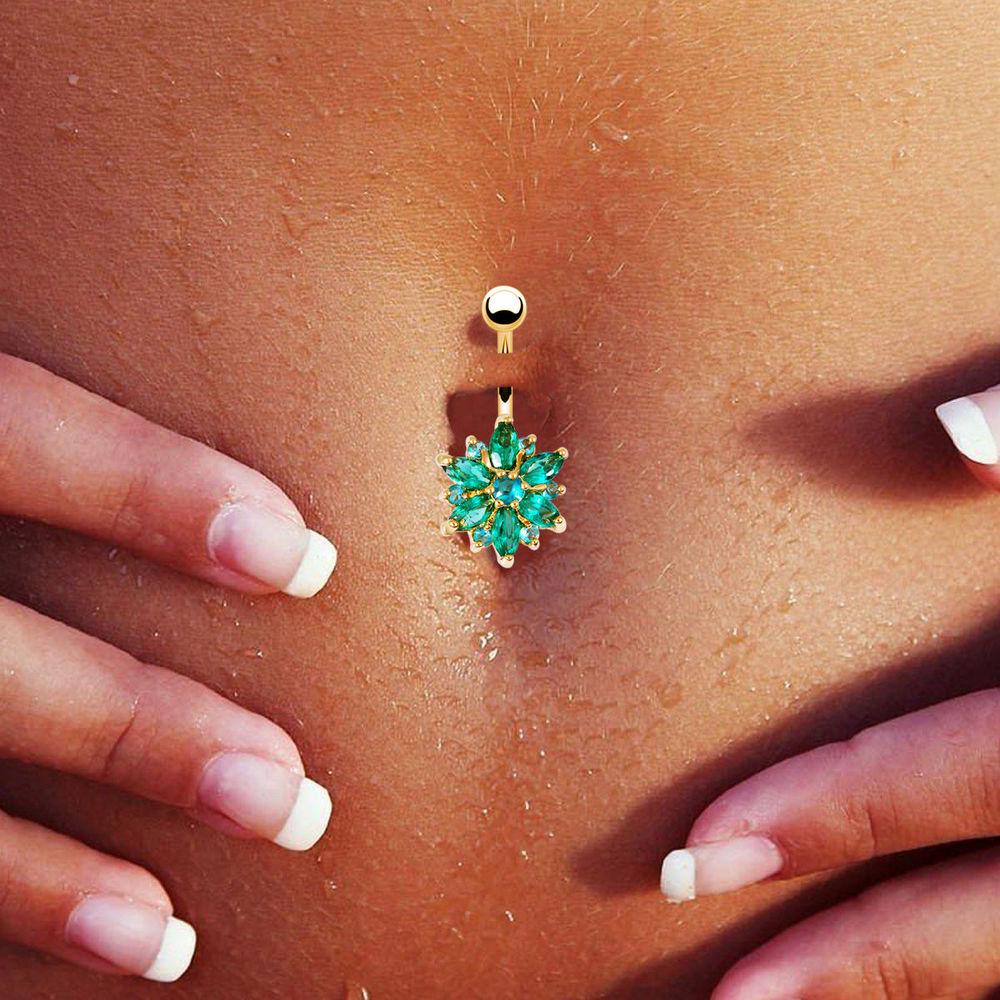 Flower Rhinestone Crystal Barbells Navel Belly Bar Button Ring Body Piercing Jewellery