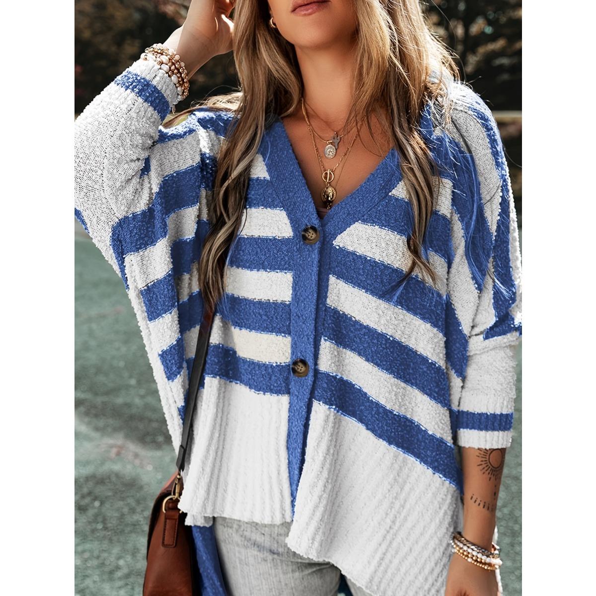 Женский черный-белый полосатый ребристый вязаный кардиган на осень-зиму, повседневный, свободный, универсальный свитер S