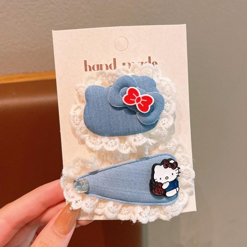 

2Pcs Cartoon Sanrio Hello Kitty Hair Clip Cute Sweet Girls Headdress Set Denim Blue Bow Forehead Hairpin Kawaii Children Gifts