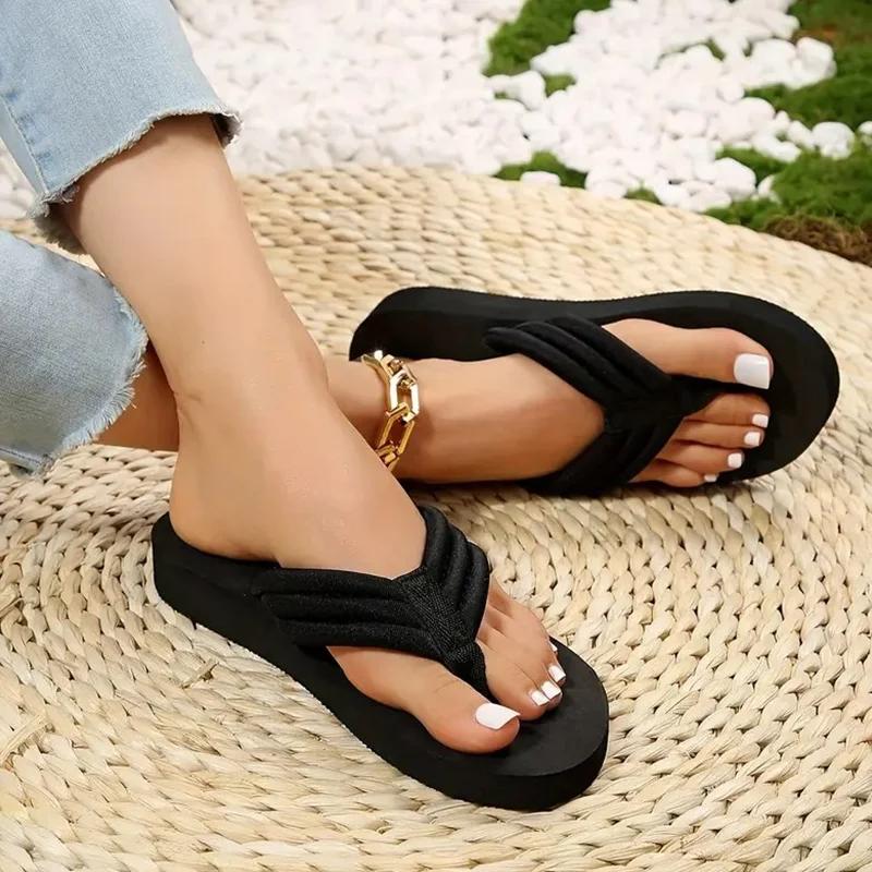 Women's Solid Color Flip Flops, Casual Clip Toe Beach Shoes, Summer Lightweight Platform Shoes