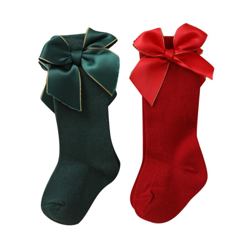 

2 пары детских рождественских носков, носки длиной до середины икры с украшением в виде банта для малышей, девочек, мальчиков, 0-4 лет 0-1 Year