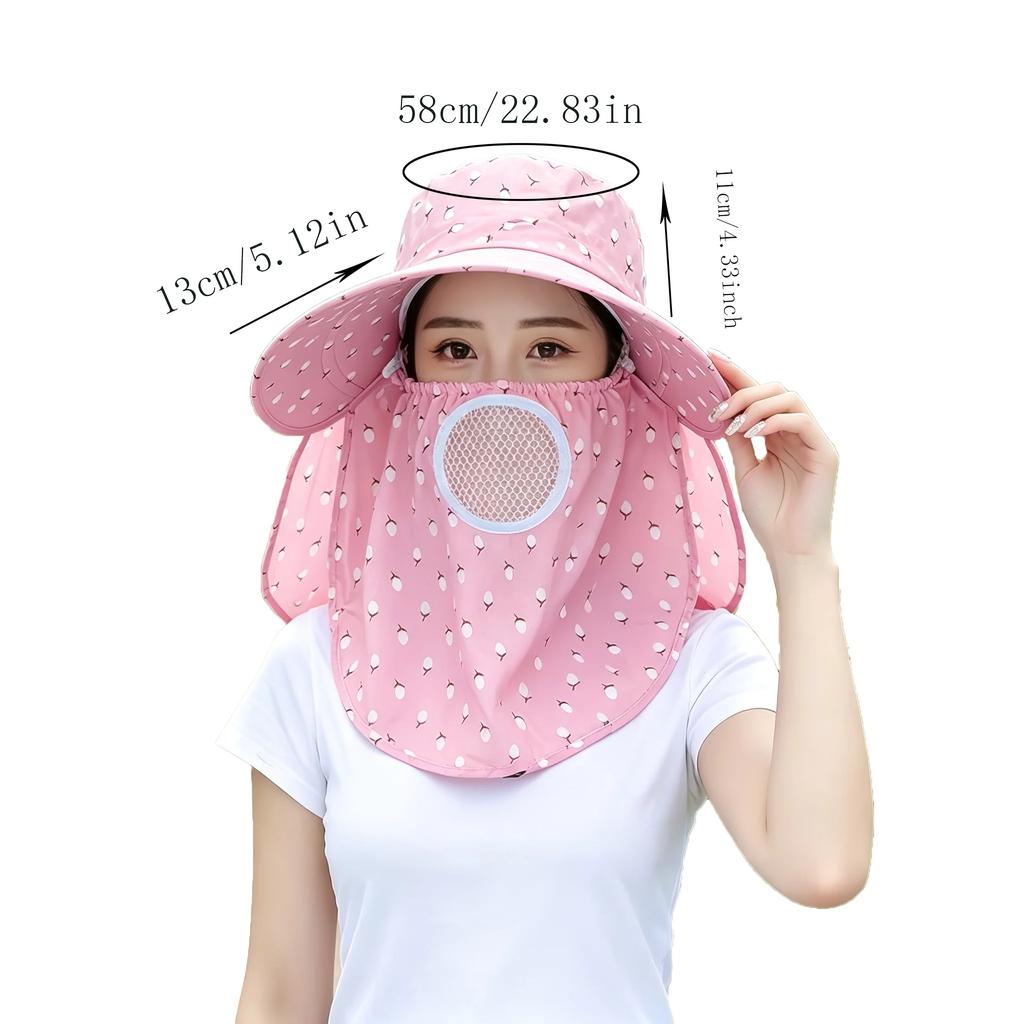 Wide-brimmed Purple Floral Sun Hat Detachable Face Mask Design, Breathable Lightweight Anti-UV Outdoor Headwear