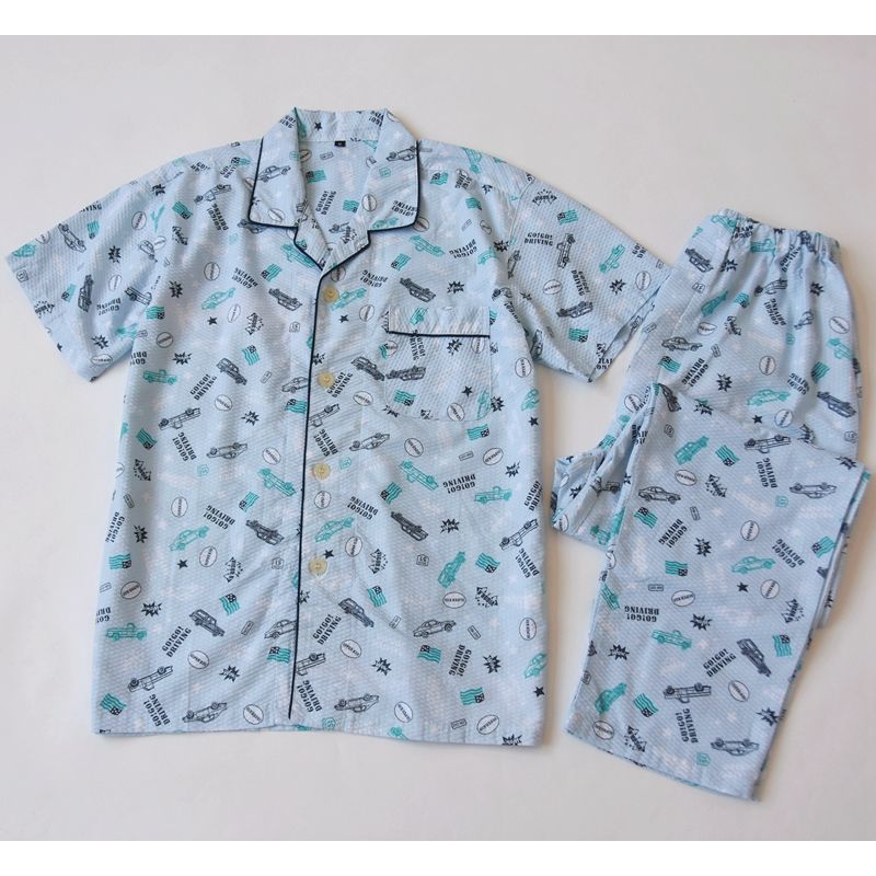 

Outer Order New Arrival Men Cartoon Print Pure Cotton Short-Sleeved and Trousers Pajamas Summer Thin Cool Cotton Homewear Light blue car L