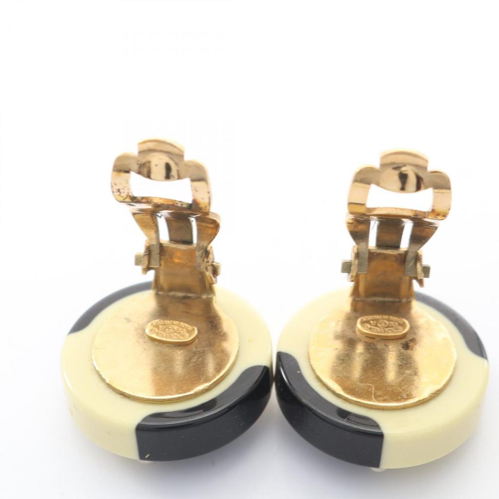 Used CHANEL COCO Mark Earring Gold Plated Plastic White Black Gold Used
