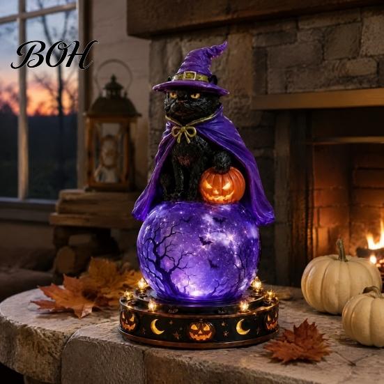 Samlarobjekt i vintagestil med LED-ljus, Halloween-dekor i falsk kristallkula, Hartsfigur av häxa/skelett/katt/spöke med läskig hemdekor
