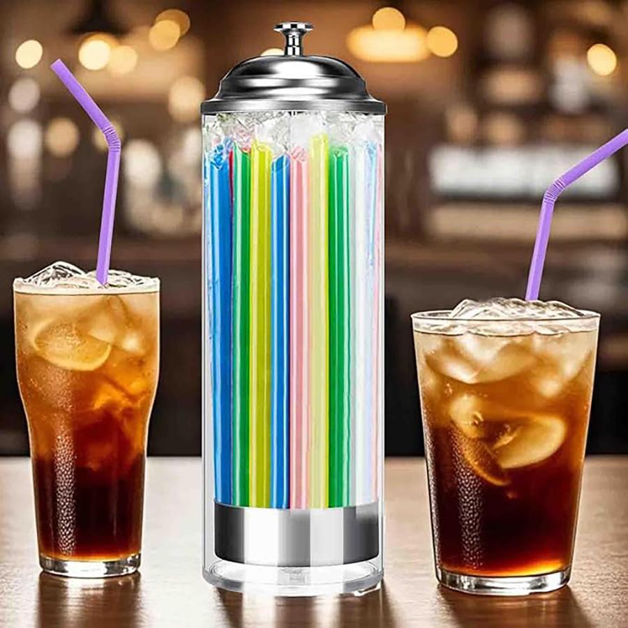 Clear Plastic Straw Dispenser Holder with Stainless Steel Lid for Standard Straws Transparent Straw Organizer Kitchen Supplies